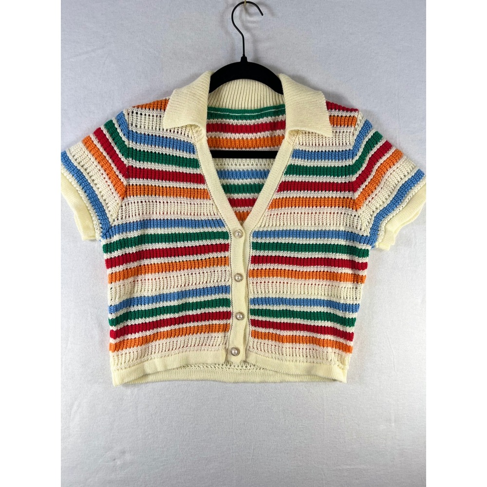 Vintage Style Rainbow Stripe Crochet Knit Cardigan Top Womens Y2K Cottagecore